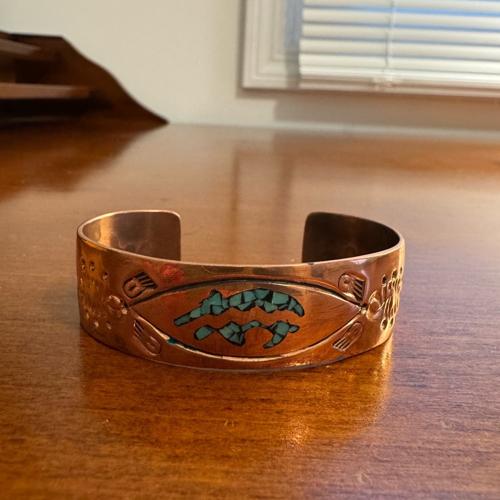 Copper Cuff Bracelet with Turquoise Inlay - Picture 2 of 3